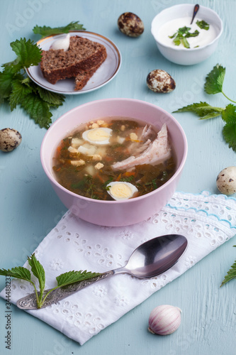 Green sorrel soup - soup made from broth, sorrel leaves, spinach, nettle, eggs (hard boiled), potatoes, carrots, parsley root. Polish, Ukrainian, Belarusian, Russian, Jewish dish.