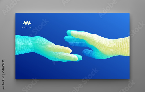Hands reaching towards each other. Concept of human relation, togetherness or  partnership. Connection structure. 3D vector illustration.