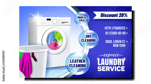 Laundry Express Service Advertising Poster Vector. Laundry Washing Electronic Appliance And Basket Filled Dirty Clothes. Wash And Fold, Dry And Leather Cleaning Equipment Mockup Illustration