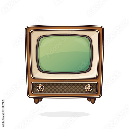 Vector illustration. Analogue retro TV with wooden body, signal and channel selector. Vintage television box for video translation. Outline clip art for graphic design. Isolated on white background