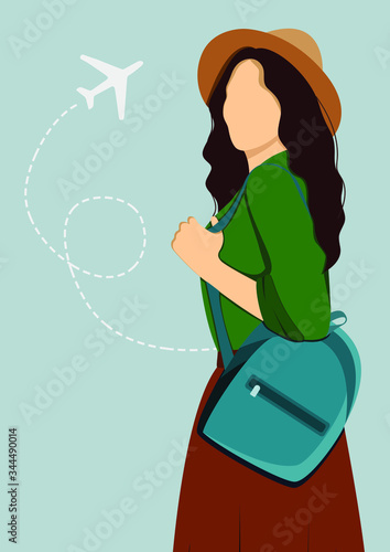 
Girl with a backpack, a plane on the background. The concept of tourism and walks. Love of travel. For postcard, sticker, poster, advertisement.