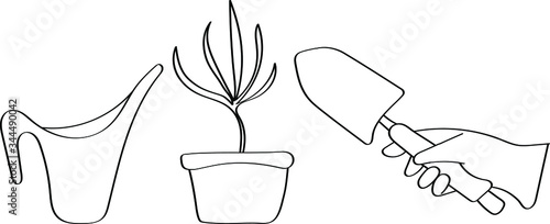 Doodle doodle outline for kids coloring, gardener replanting a plant. Organic gardening, a hobby or a favorite job.