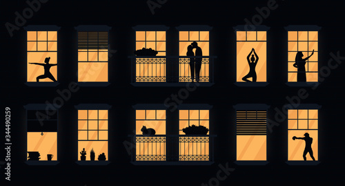 Neighbors in apartments windows. Cartoon people shadows evening home scene flat style. Neighborhood with character silhouettes, vector illustration