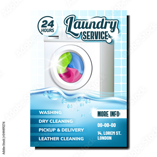 Laundry Washing Clothes Service Banner Vector. Washing Machine Household Electronic Device Drying Clothes And Water Wave With Bubbles. Electrical Automatical Equipment Template Illustration