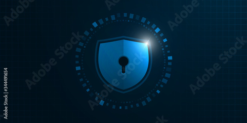 Cyber security illustration, light blue guard on dark grid background.