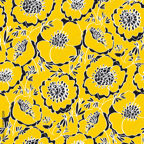 Sunny yellow peony flowers seamless pattern