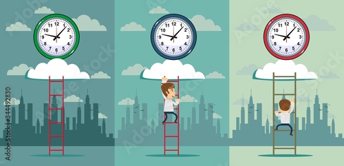 Flat design vector illustration concept of clock time symbol icon on cloud with wooden ladder and man