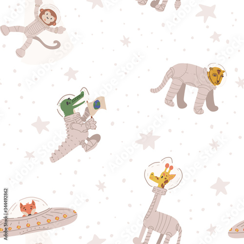 Cute animal astronauts vector seamless pattern. Cheetah, giraffe, alien fox in UFO kidnapping monkey spaceman, crocodile with Earth flag. Flat hand drawn illustration on isolated background.