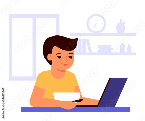 Boy eats and looks at laptop. Food and using laptop. Stay at home. Internet addiction. Game, play, recreation, leisure at home. Vector illustration