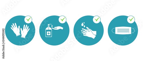 Preventive measures icons how not to get a virus. Wash hands and wear medical masks