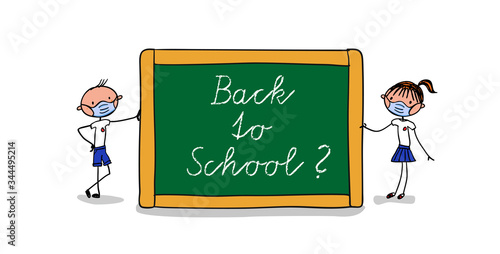 Pupils wearing face masks wanting to go back to school after easing of shutdown - re-opening schools - hand-drawn vector illustration