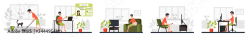 Freelance developer quarantined at home. Color vector cartoon illustration.