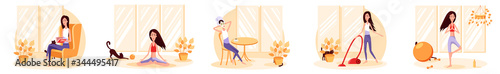 Woman quarantined at home. Color illustration. Concept stay home.