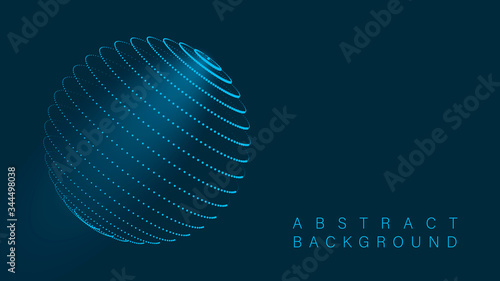 Abstract 3d sphere. Mesh of sphere with points on dark background. Science and technology. Vector illustration.