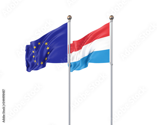 Two realistic flags. 3D illustration on white background. European Union vs Luxembourg. Thick colored silky flags of European Union and Luxembourg.