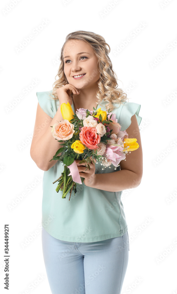 Beautiful young woman with bouquet of flowers on white background Beautiful young woman with bouquet of flowers on white background