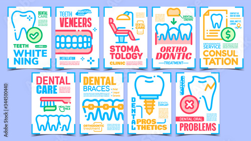 Dental Treatment Advertising Posters Set Vector. Collection Of Different Banners With Dental Braces And Prosthetics, Stomatology Chair And Teeth Veneers Concept Template Stylish Colorful Illustrations