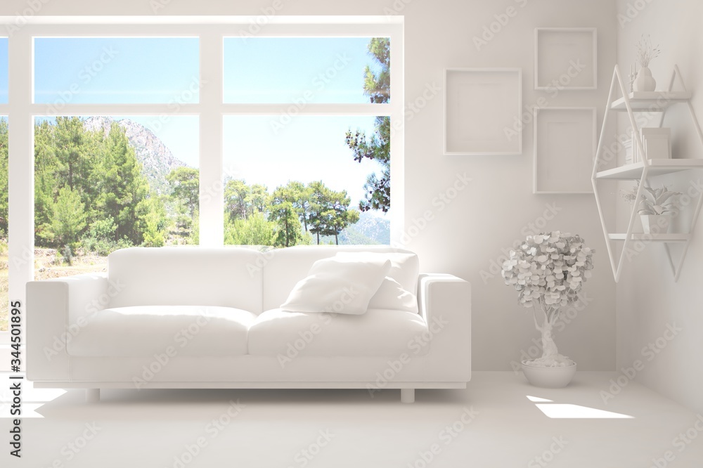 White living room with sofa and summer landscape in window. Scandinavian interior design. 3D illustration White living room with sofa and summer landscape in window. Scandinavian interior design. 3D illustration