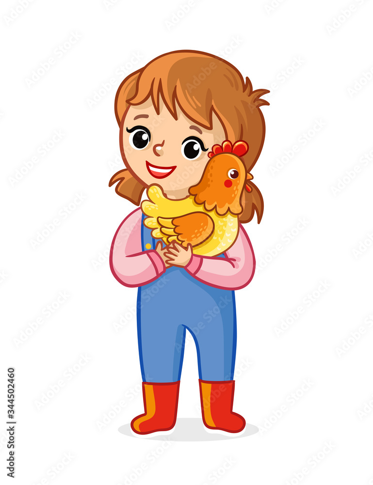 The farmer girl on a white background holds a chicken in her hands and smiles. Vector illustration with a child The farmer girl on a white background holds a chicken in her hands and smiles. Vector illustration with a child