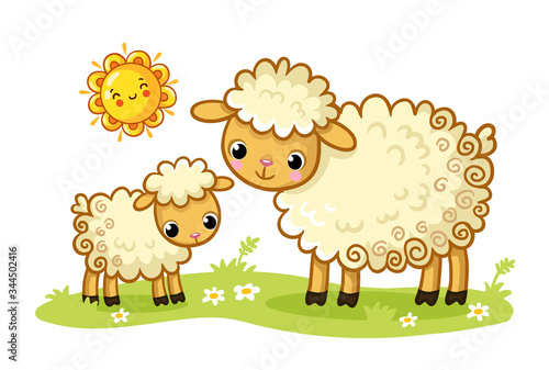 A sheep and a lamb stand in a green sunny meadow. Vector illustration with cute animals