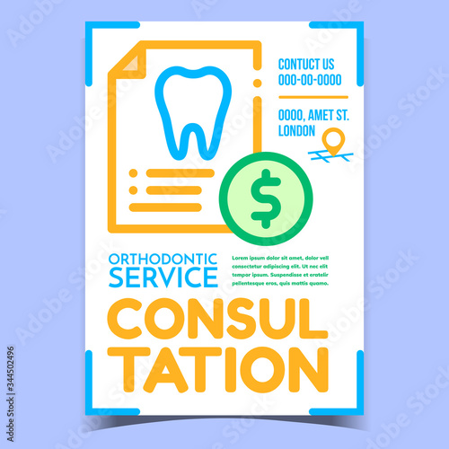 Orthodontic Consultation And Service Banner Vector. Tooth On Paper List Report And Dollar Coin, Orthodontic Medical Therapy. Stomatology Clinic Concept Template Stylish Colored Illustration