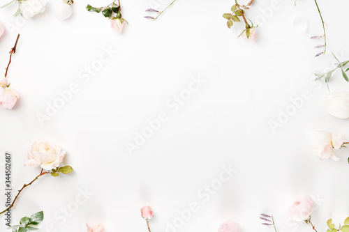 Festive flower composition on the white background. Overhead view