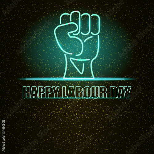 1 may Labor day poster with neon glowing azure blue protest fist isolated on black night starry background. Mayday Labour day concept illustration. 1may vintage neon poster design template