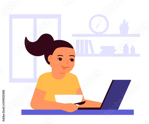 Girl eats and looks at laptop. Food and using laptop. Stay at home. Internet addiction. Game, play, recreation, leisure at home. Vector illustration