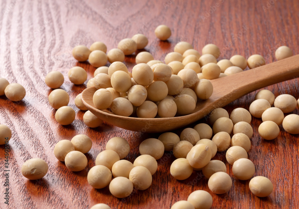 Japanese style background. Soybeans and spoon Japanese style background. Soybeans and spoon