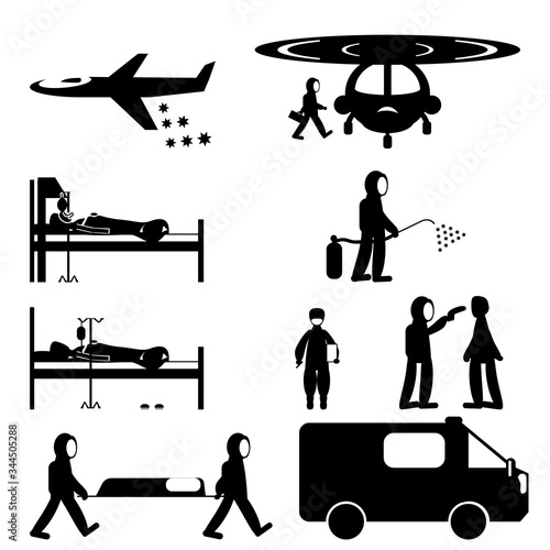 Silhouettes with the image of medical staff in protective suits and patients. Black and white isolated set.