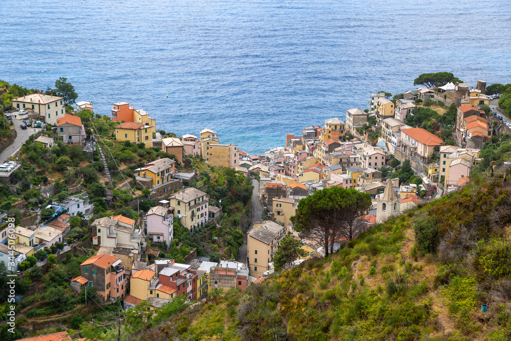 Manarola village, Cinque Terre, Italy, rocks and sea.