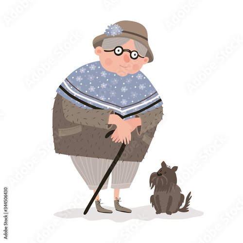 Illustration with an old woman and a small dog. Cartoon style