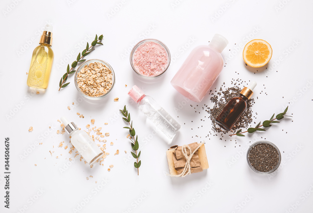 Natural cosmetics with ingredients on white background Natural cosmetics with ingredients on white background