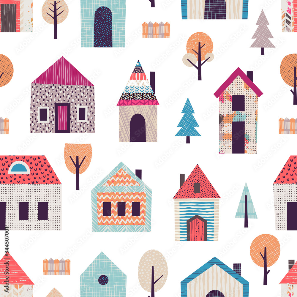 Seamless pattern with stylized houses and trees. Can be used on packaging paper, fabric, background for different images, etc.