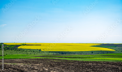 Spring. Yellow field in the village and beautiful sky.Beautiful landscape in yellow and blue.Business activities and fields sown