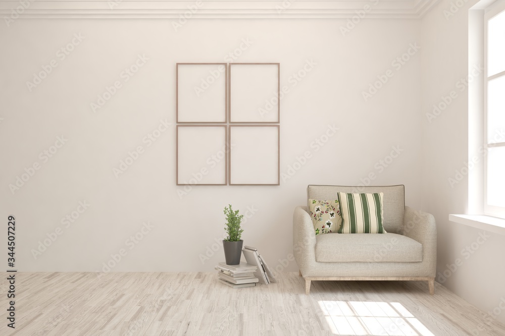 White living room with armchair. Scandinavian interior design. 3D illustration - obrazy, fototapety, plakaty 