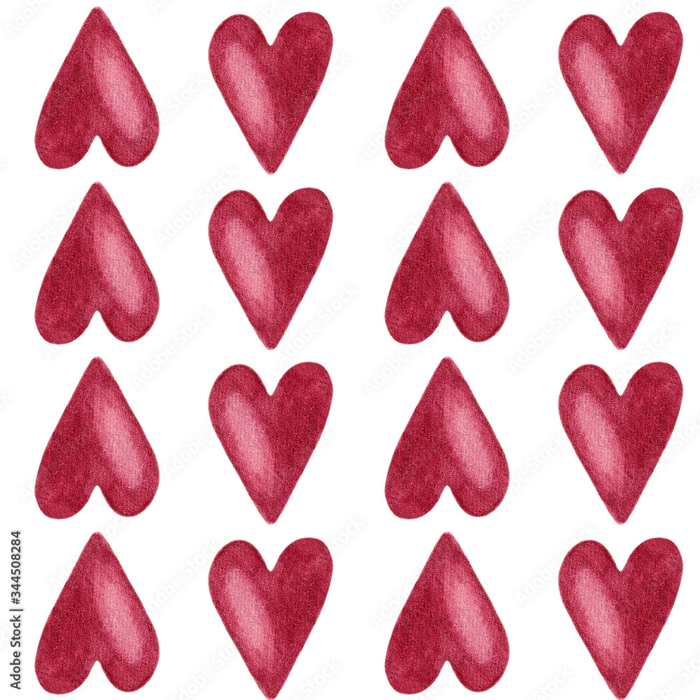 Seamless pattern with dark red hearts on white background, hand painted watercolor illustration