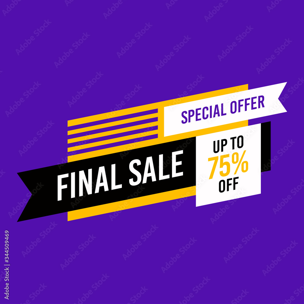 Special offer final sale up to 75% off. Dynamic shapes and lines, Mega Sale, Shop now text. Layout for advertising design, banner, poster, online shopping, product, promotions, website and brochure.