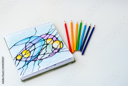 Abstract neurographic drawing with markers and colored pencils. Colorful neurography. photo