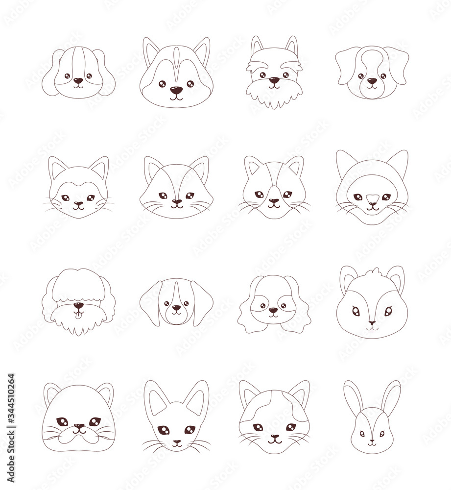 set of heads of cats and dogs , line style icon