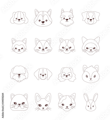 set of heads of cats and dogs   line style icon