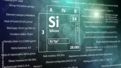 Silicon metalloid concept from the periodic table of chemical elements. Blue and green background.