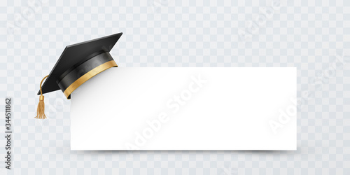 Graduate college, high school or university cap isolated on transparent background. Vector 3d degree ceremony hat with white paper banner. Black educational student symbol and blank frame