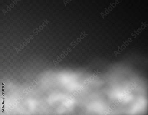 Fog or smoke effect isolated on transparent background. White vapor steam backdrop. Vector translucent mist, cloud, smog template.