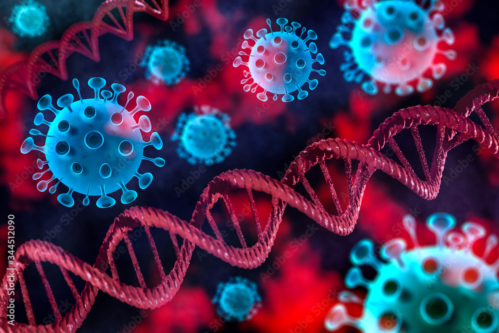 Image of Flu COVID-19 virus dna cell under the microscope on the blood. Coronavirus Covid-19 outbreak influenza background. Pandemic medical health risk concept with disease cell as a 3D render. Image of Flu COVID-19 virus dna cell under the microscope on the blood. Coronavirus Covid-19 outbreak influenza background. Pandemic medical health risk concept with disease cell as a 3D render.