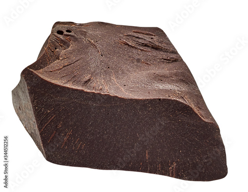 Cracked couverture chocolate / broken chocolate chip or chocolate part from top view isolated on white background including clipping path. photo