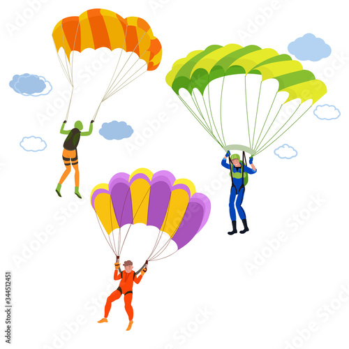 Set of colorful bright parachutists in the sky. Parachuting or skydiving in cartoon style.