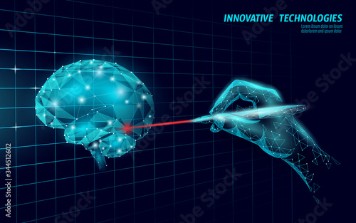 Brain treatment low poly 3D render. Medicine cognitive laser rehabilitation in Alzheimer disease and dementia vector illustration
