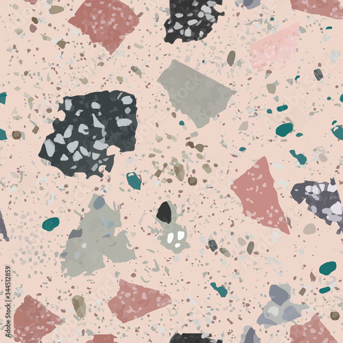 Terrazzo floor marble seamless hand crafted pattern. Traditional venetian material.Granite and quartz rocks and sprinkles mixed on polished surface.Abstract vector background for architecture designs