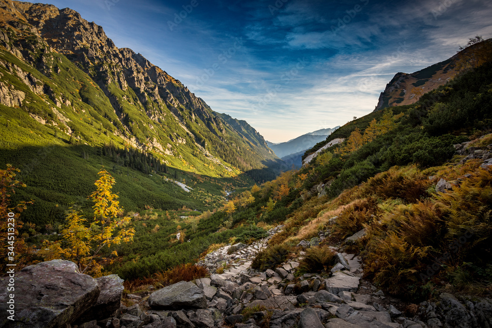 Jesienna Dolina Roztoki w Tatrach Polskich - obrazy, fototapety, plakaty 
